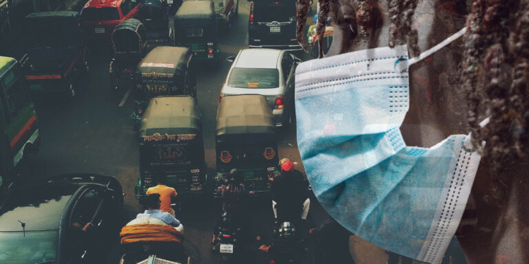 blended image of street scene with heavy traffic and a man wearing a surgical mask